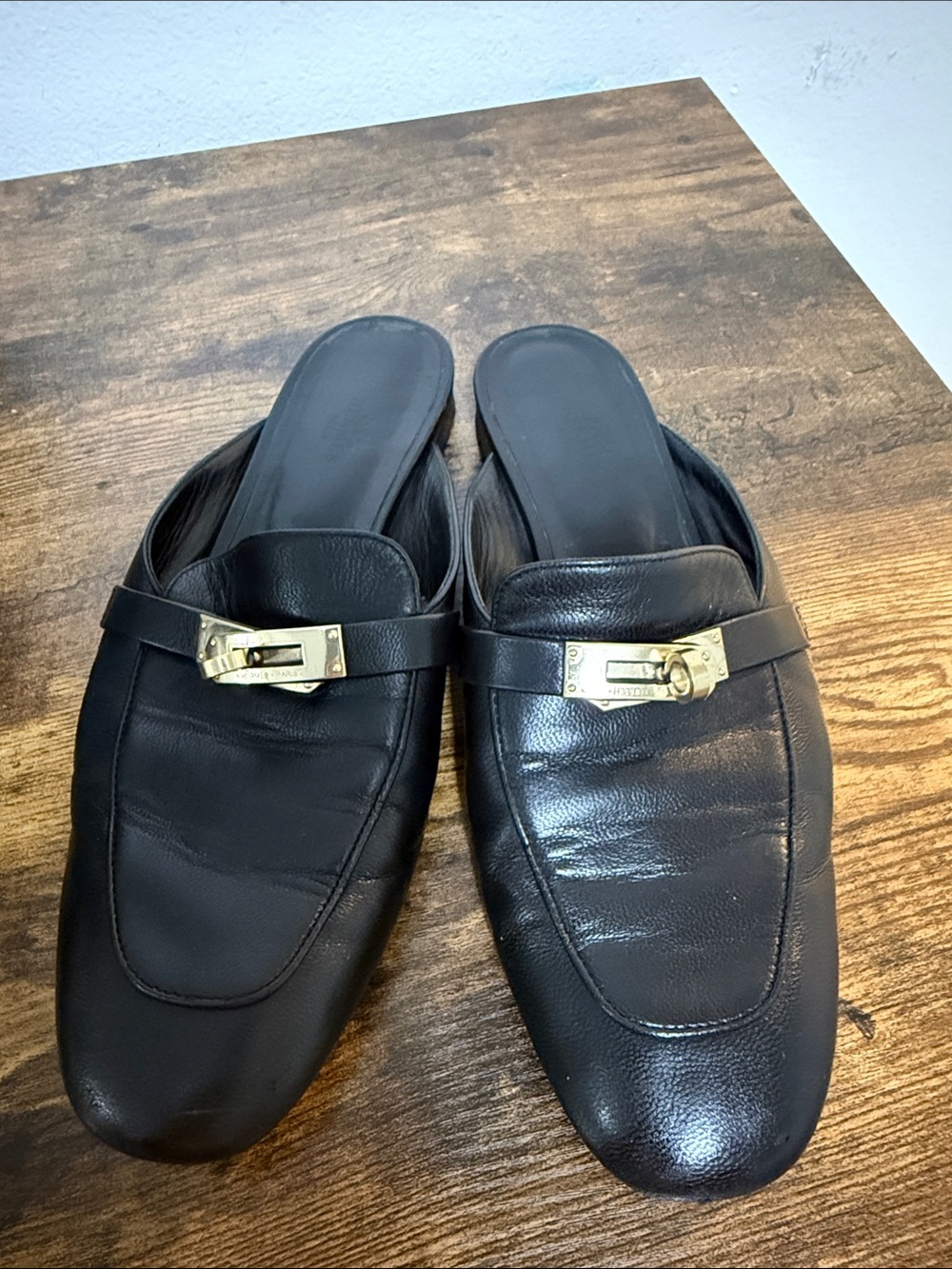 Hermes Black Leather Men’s Slip-On Loafers with Gold Buckle